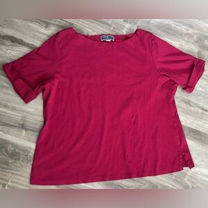Karen Scott Boat Neck Cuffed Elbow Sleeves Side Slits Red Top Stretchy 1X 2X